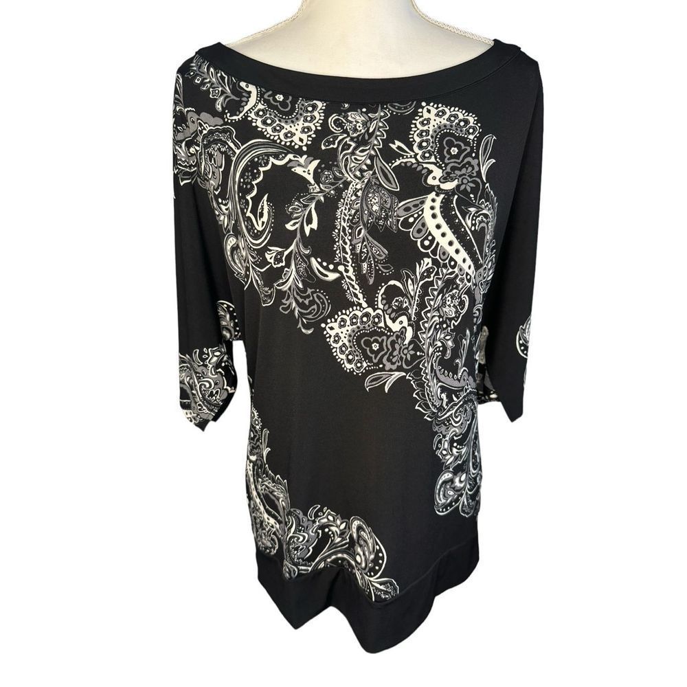 White House Black Market Black and White Paisley Print Boatneck Top